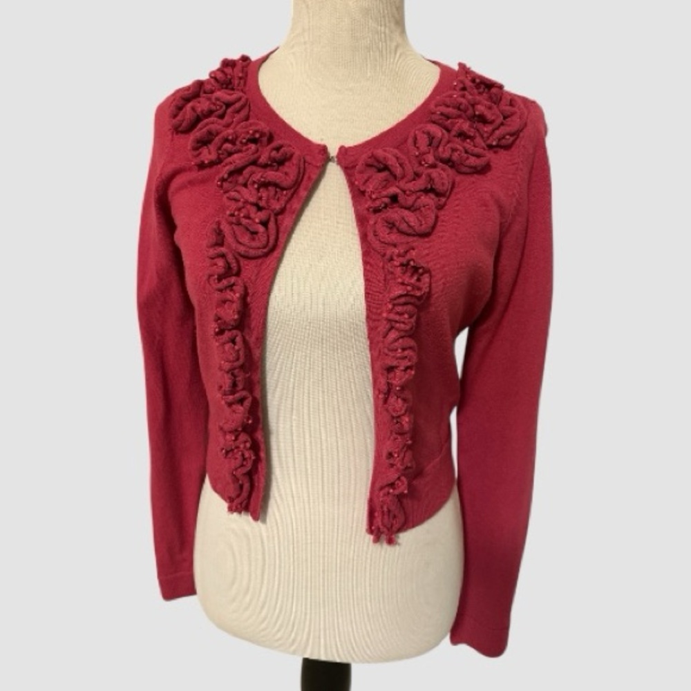 INC International Concepts Cropped Sweater Cardigan Ruffled Accents Sz S Pink